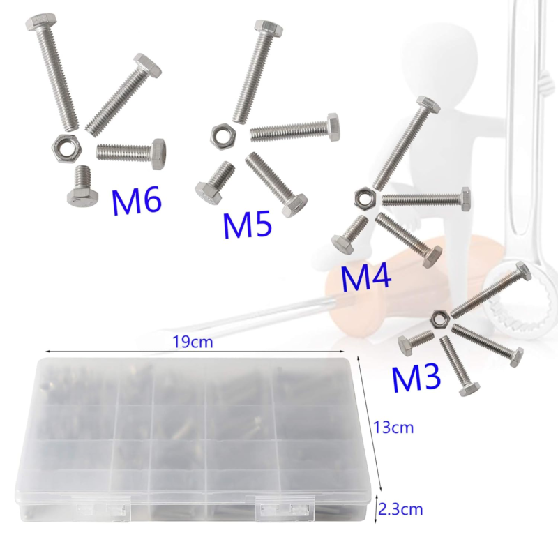 M3 M4 M5 M6 Bolts and Nuts Assortment Kit 320 PCS Metric 304 Stainless Steel Hex