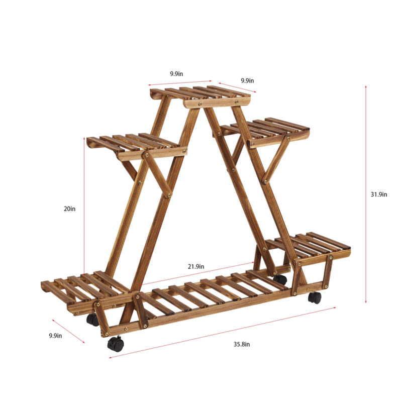 Triangular Carbonized Wood Plant Shelf with Wheels for 6 containers