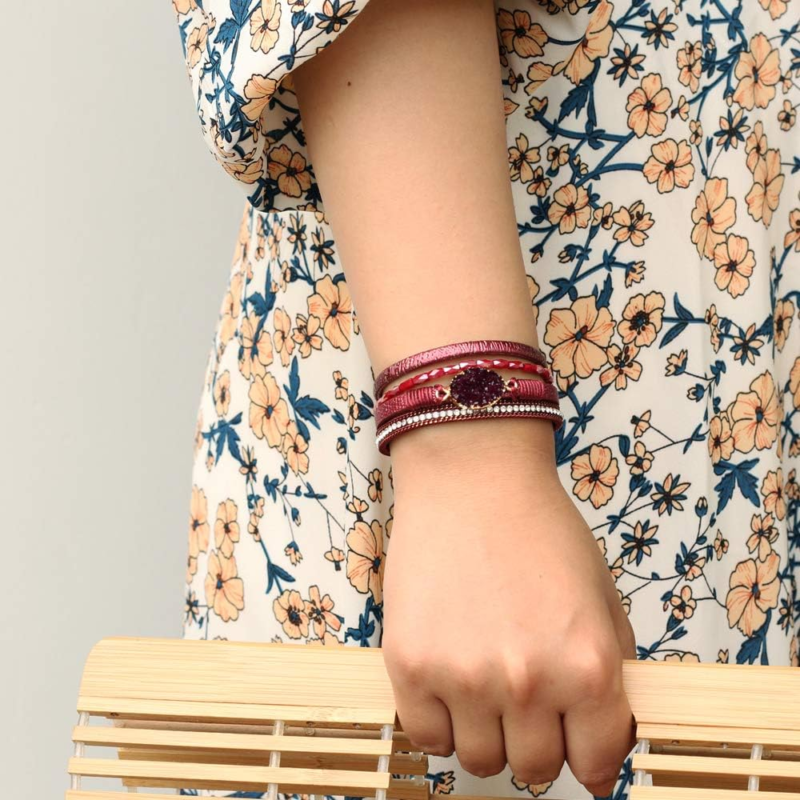 Boho Leather Wrap Bracelet with Crystal Beads for Women