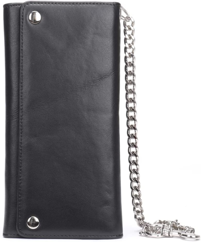 Men's Genuine Leather Trifold Wallet with Heavy Duty Chain, Black