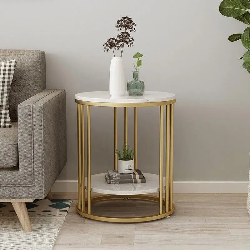 2-Tier White Marble Round Side Table for Coffee and Jewelry Storage