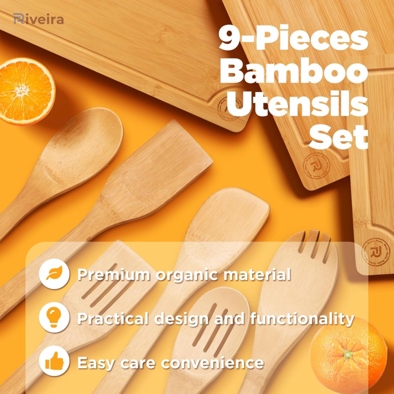 Bamboo Cutting Board Set with Spoons – 3 Boards & 6 Utensils for Kitchen