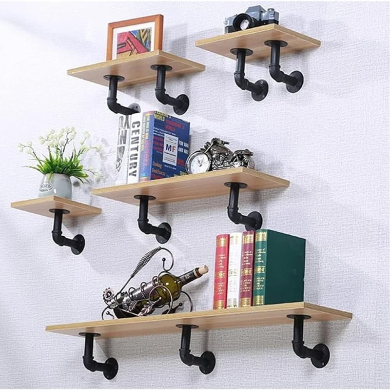 Heavy Duty Industrial Pipe Shelf Brackets for 8-14 Inch Boards - 6 Pack Black