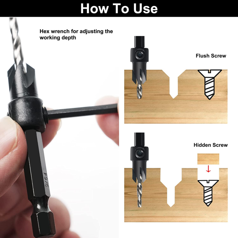 Countersink Drill Bit Set, 5Pcs Tapered Drill Bits M2 HSS, with 1/4" Hex Shank Q