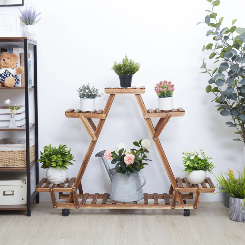 Triangular Carbonized Wood Plant Shelf with Wheels for 6 containers