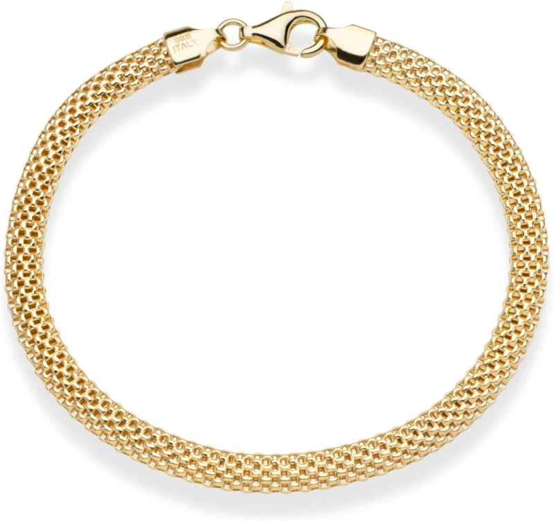 18K Gold Plated Sterling Silver 5mm Italian Mesh Link Bracelet for Women, 7.5"