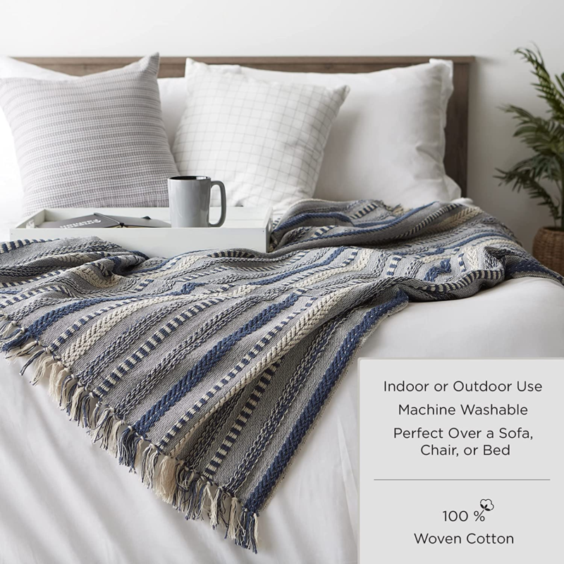 Modern Zig Zag Woven Cotton Throw Blanket with Fringe, French Blue 50x60