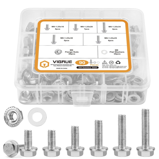 M8 Flanged Hex Head Bolts Set, 90PCS Stainless Steel 18-8