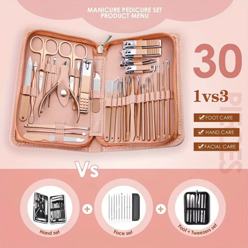 Professional 30-Piece Pink Stainless Steel Manicure Set with Case