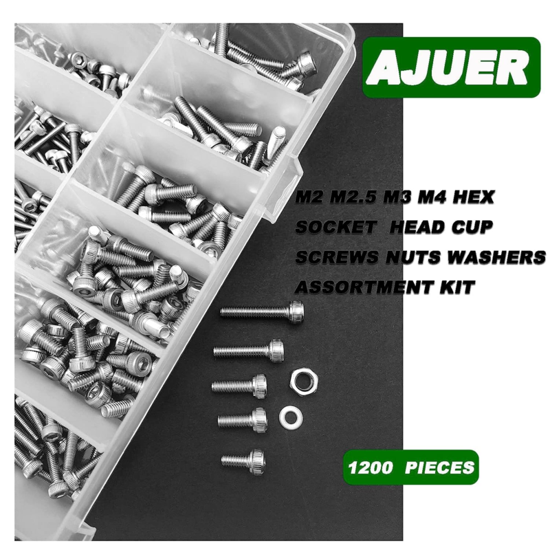 1200Pcs M2/M2.5/M3/M4 Hex Socket Head Cap Screws Bolts Nuts Washers Assortment K