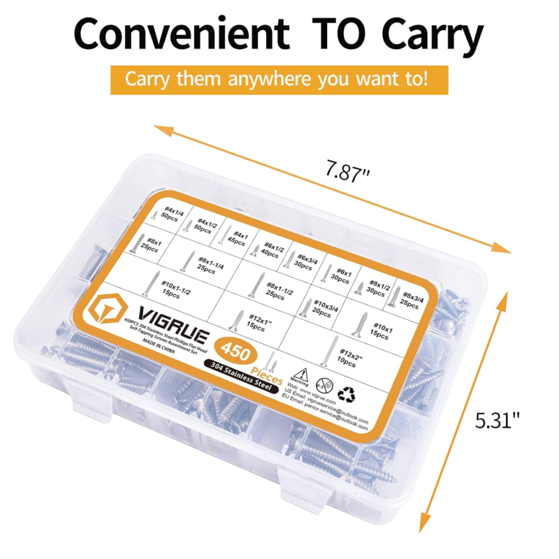 450Pcs Stainless Steel Wood Screws Kit, Phillips Flat Head, 5 Sizes, 1/4”-2