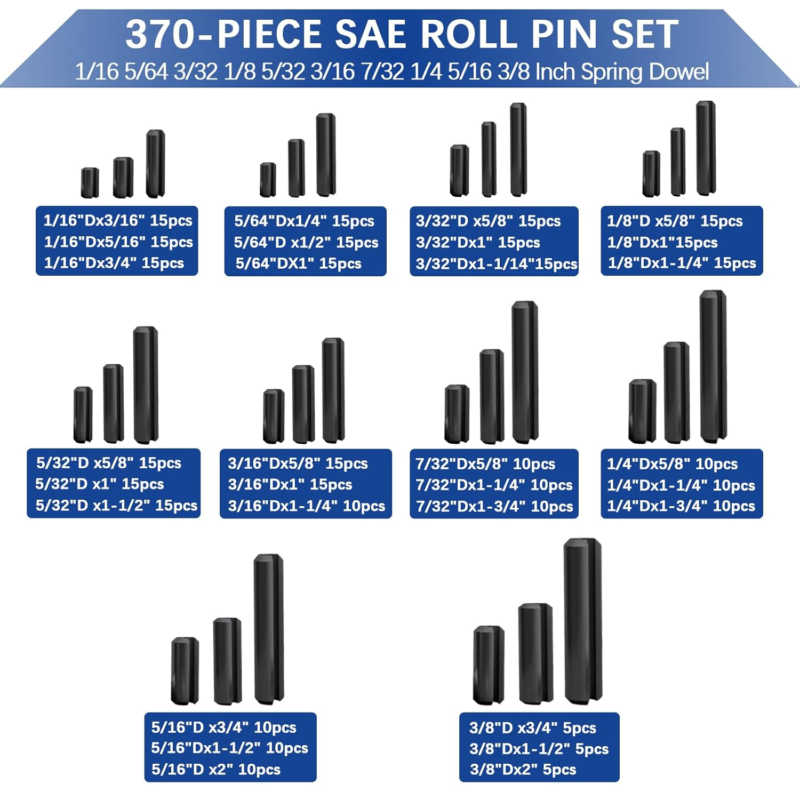 370-Piece SAE Roll Pin Assortment Set - Steel Spring Dowel Pins