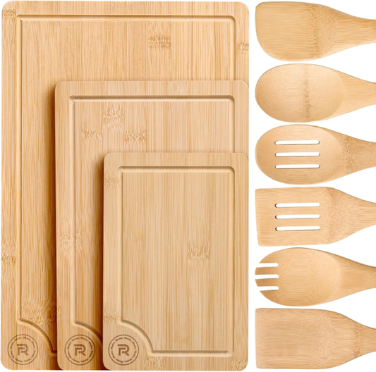 Bamboo Cutting Board Set with Spoons – 3 Boards & 6 Utensils for Kitchen