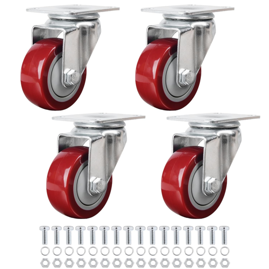 3” Heavy Duty Swivel Casters Set of 4 - 2,200 Lb PU Wheels, Includes Screws, Red