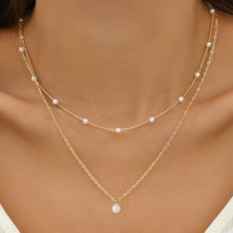 14K Gold Plated Layered Pearl Necklace for Women - Elegant Gold Jewelry