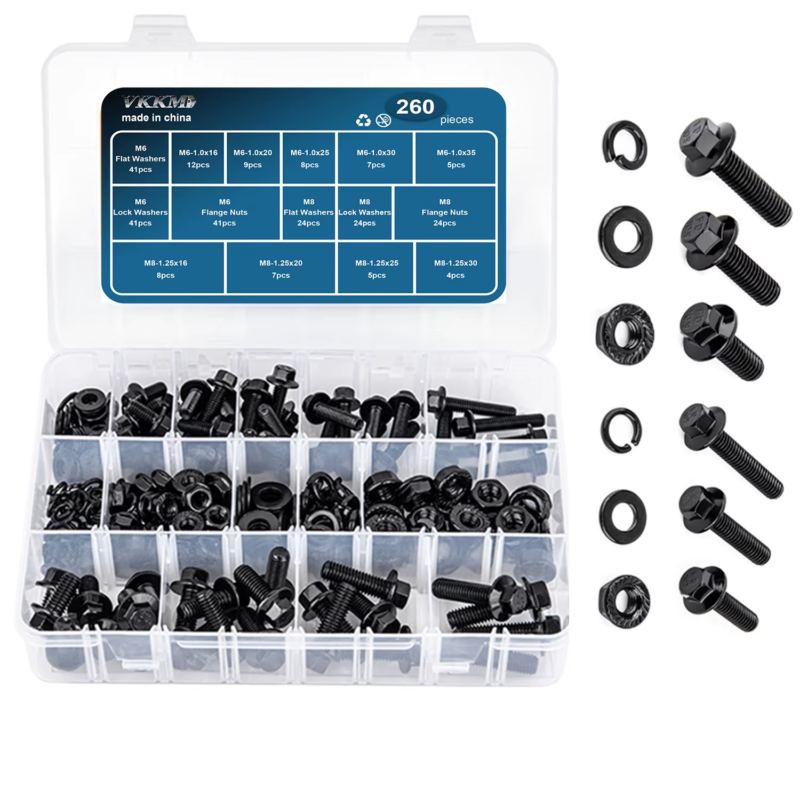 260-Piece Hex Cap Flange Bolt Assortment Kit with Screws, Nuts & Washers