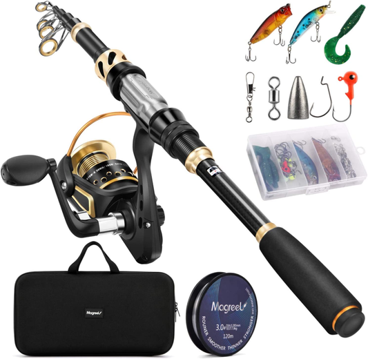 Fishing Rod Reel Combo Telescopic Pole with Fishing Line, Lures Kit, Carry Bag  