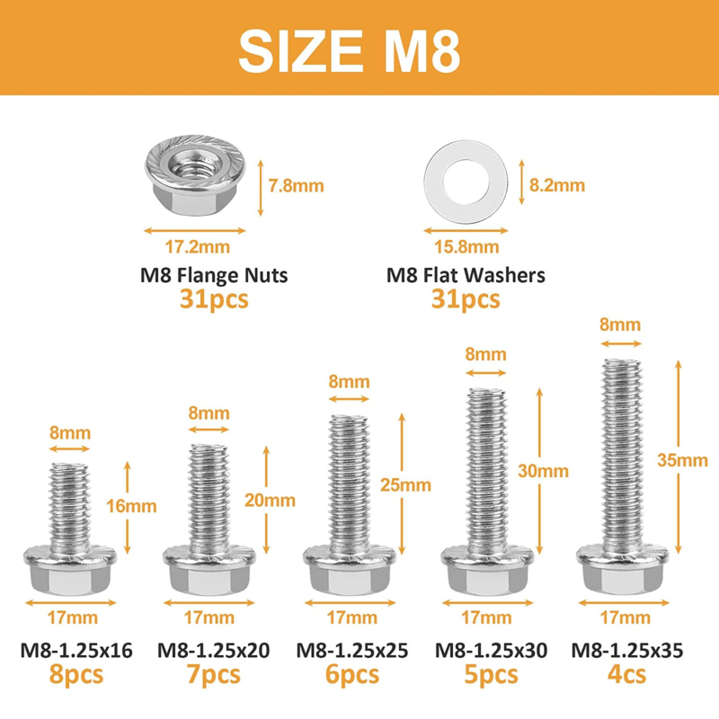 M8-1.25 X 16/20/25/30/35Mm Flanged Hex Head Bolts,  90PCS M8 Flange Hexagon Scre