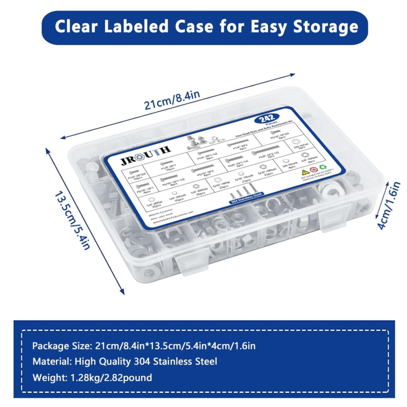 242PCS Hex Head Nuts and Bolts Assortment Kit,304 Stainless Steel with Case