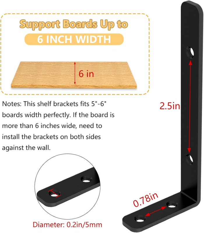 6PCS Heavy Duty Metal L Bracket, 5"x2" Shelf Support, Max Load 42Lb