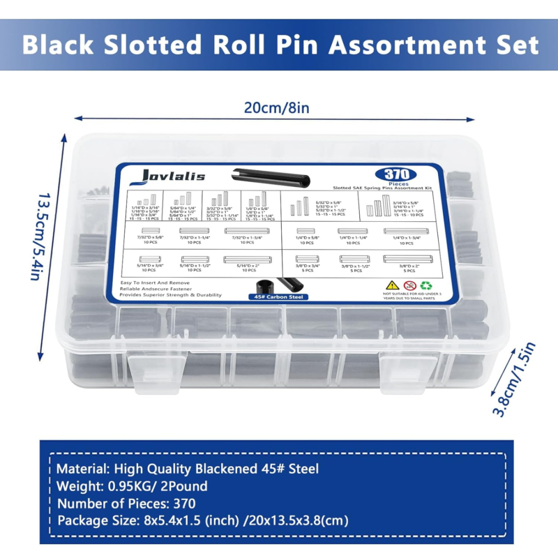 370-Piece SAE Roll Pin Assortment Set - Steel Spring Dowel Pins