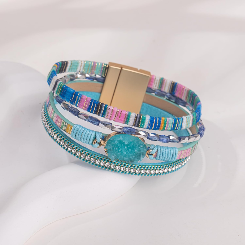 Boho Leather Wrap Bracelet with Crystal Accent