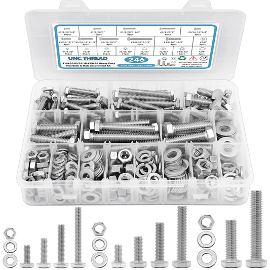 246PCS Hex Head Nuts and Bolts Assortment Kit, Stainless Steel with Case