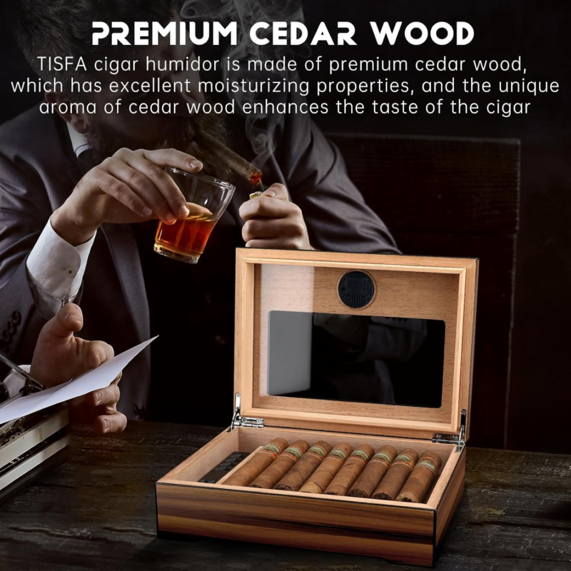 Handmade Cedar Wood Cigar Humidor Box with Humidifier and Hygrometer