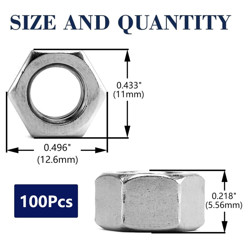 304 Stainless Steel 1/4-20 Hex Nuts, 100 Pack, Full Thread, Bright Finish