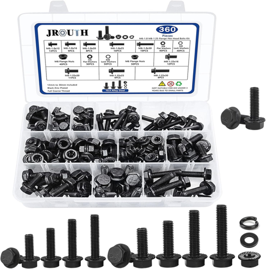 360 Pcs M6-1.0 M8-1.25 Flange Hex Head Bolts Nuts Washers Kit.