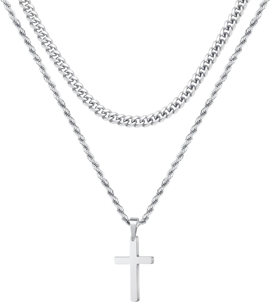 Men's Stainless Steel Cross Necklace, Color- Silver, Silver, 20In/22In