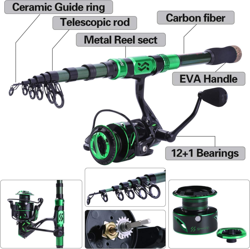 Fishing Rod and Reel Combo - Carbon Fiber Telescopic pole - Reel 12 +1 BB, Case