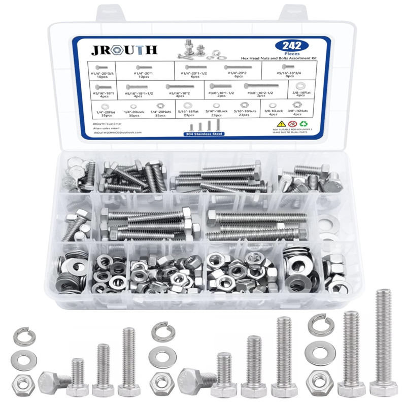 242PCS Hex Head Nuts and Bolts Assortment Kit,304 Stainless Steel with Case