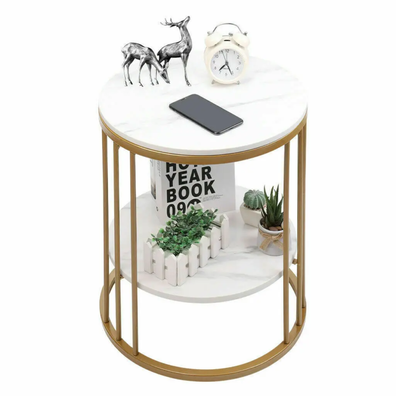 2-Tier White Marble Round Side Table for Coffee and Jewelry Storage