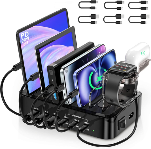 90W 6-Port Charging Station with Fast USB-C Dock and Cable Organizer