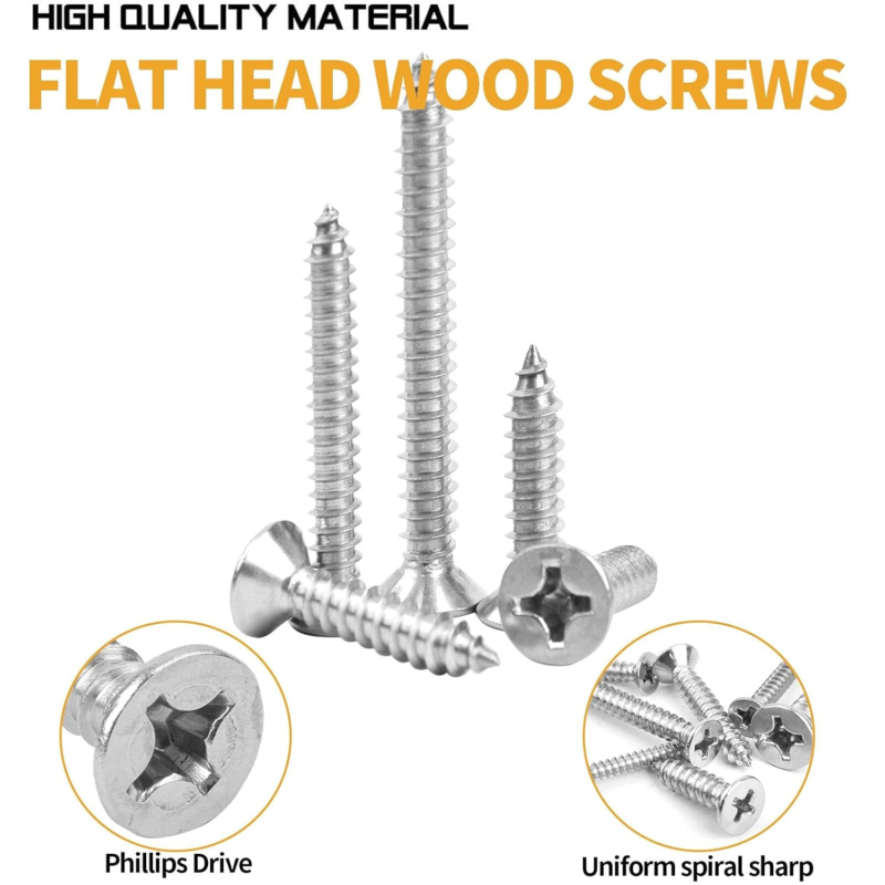 450Pcs Stainless Steel Wood Screws Kit, Phillips Flat Head, 5 Sizes, 1/4”-2