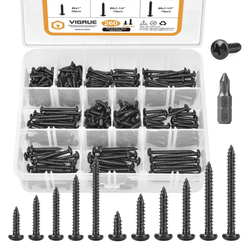 260PCS Black Wood Screws Kit, #6#8, 304 Stainless Steel Pan Head, Black Oxide