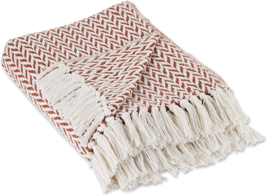 Modern Zig Zag Woven Cotton Throw Blanket with Fringe, 50x60, Cinnamon