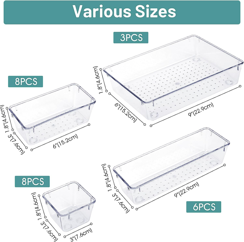 25-Piece Clear Plastic Drawer Organizer Set for Home and Office Storage