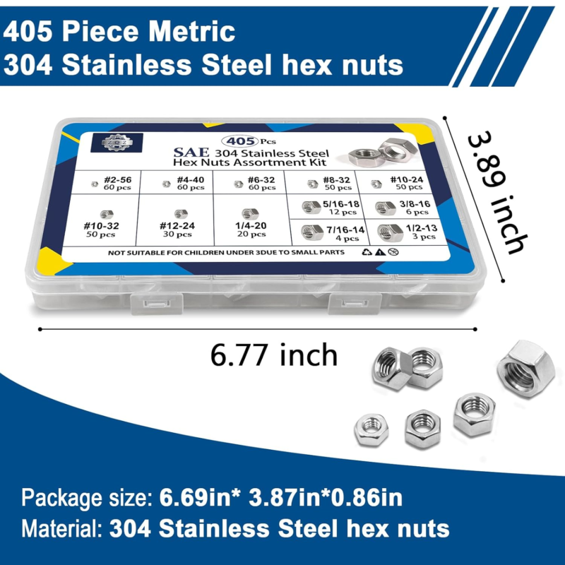 Stainless Steel Hex Nuts Assortment Kit - 405 Pcs SAE Sizes