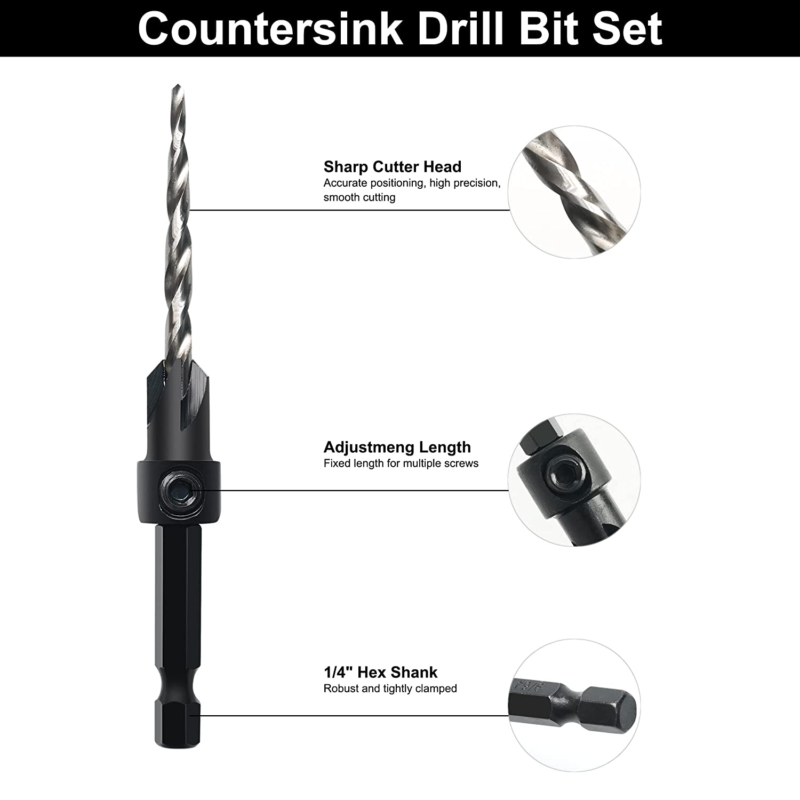 Countersink Drill Bit Set, 5Pcs Tapered Drill Bits M2 HSS, with 1/4" Hex Shank Q