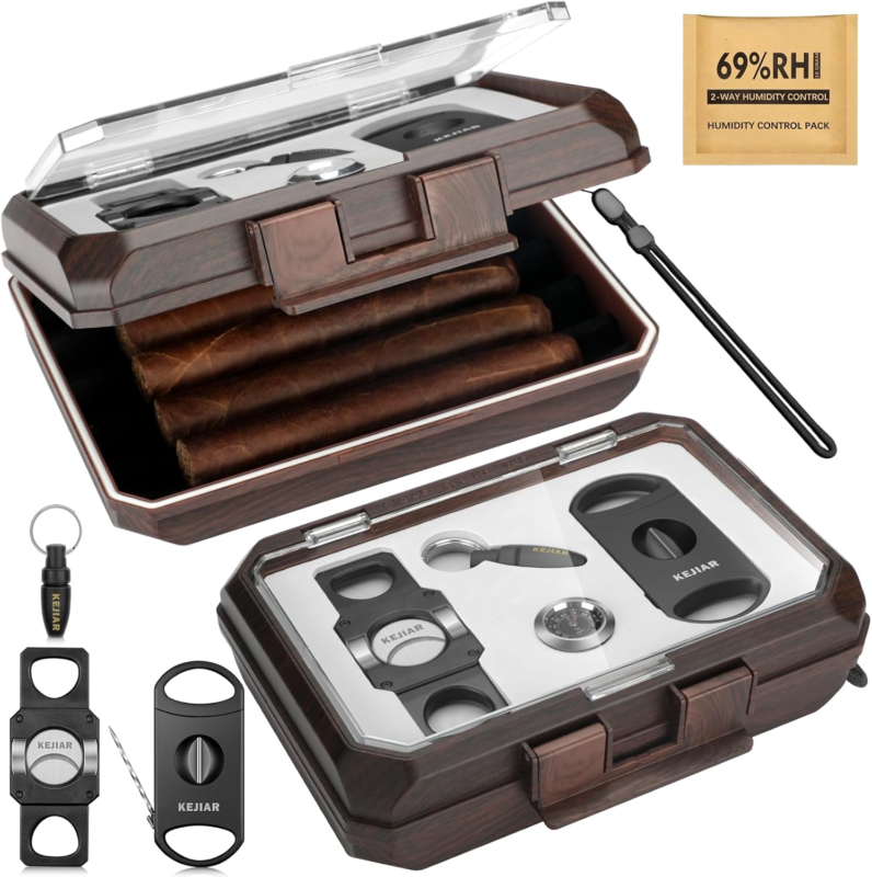 Travel Cigar Humidor Set with Cutters, Puncher, and Hygrometer - Dark