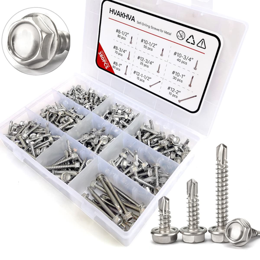 410 Stainless Steel Self-Tapping TEK Screw Assortment, 380 Pcs Hex Head