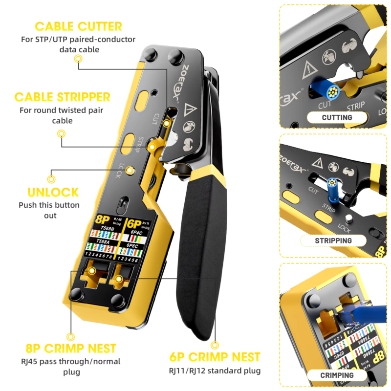 RJ45 Crimping Tool with Replacement Blade for RJ11/RJ12 Connectors