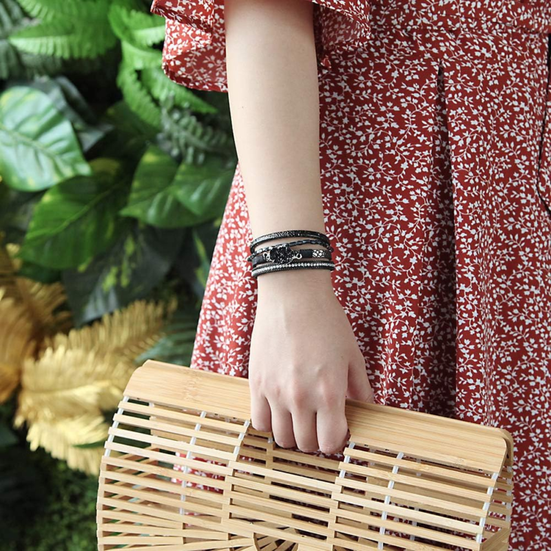 Boho Leather Wrap Bracelet with Crystal Accents