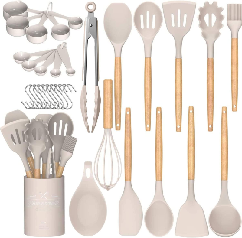 33-Piece Non-Stick Silicone Kitchen Utensils Set with Holder (Khaki)