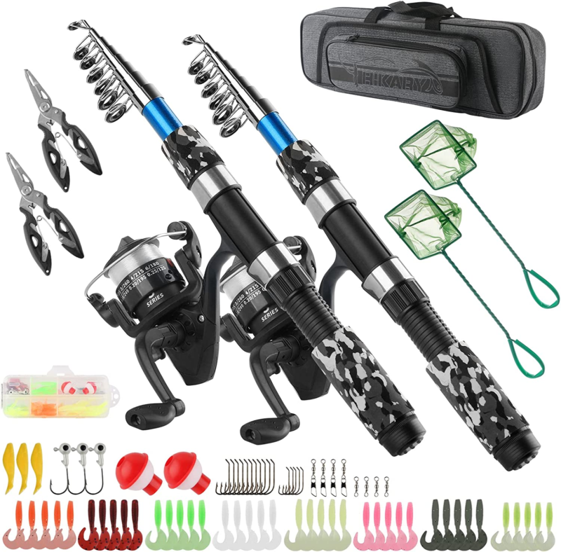 Fishing Rod and Reel Combo Collapsible Fishing Rod 2Pcs,  Lures Hooks+Carry Bag