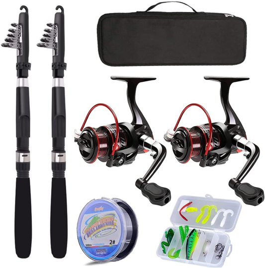 Fishing Pole Combo Set,2.1M/6.89Ft 2PCS Collapsible Rods 2PCS Spinning Reels 