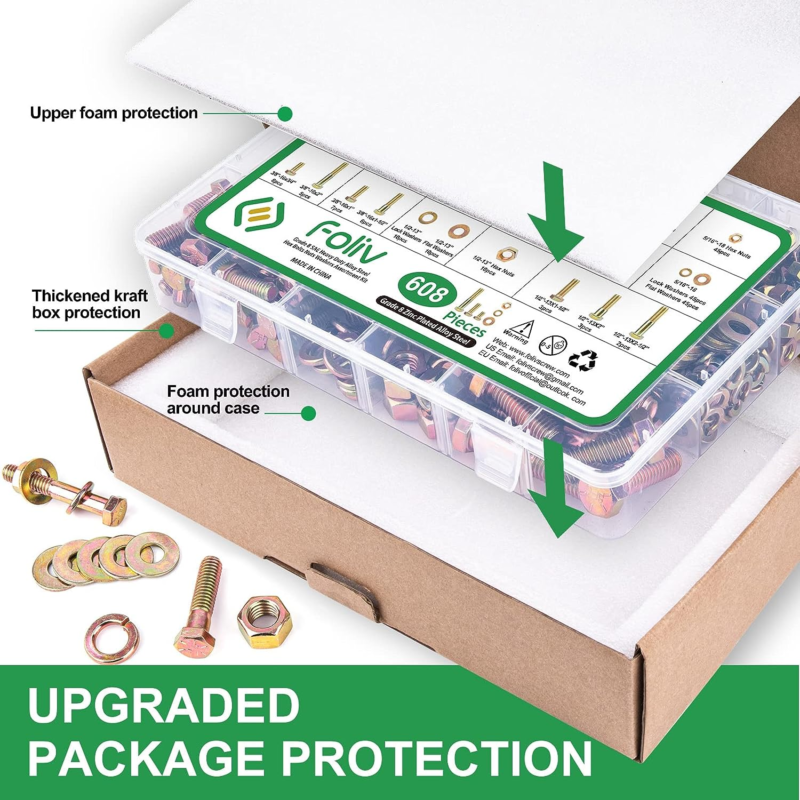 608Pcs Grade 8 Bolts and Nuts Assortment Kit, 1/4-20, 5/16-18, 3/8-16, 1/2-13 He