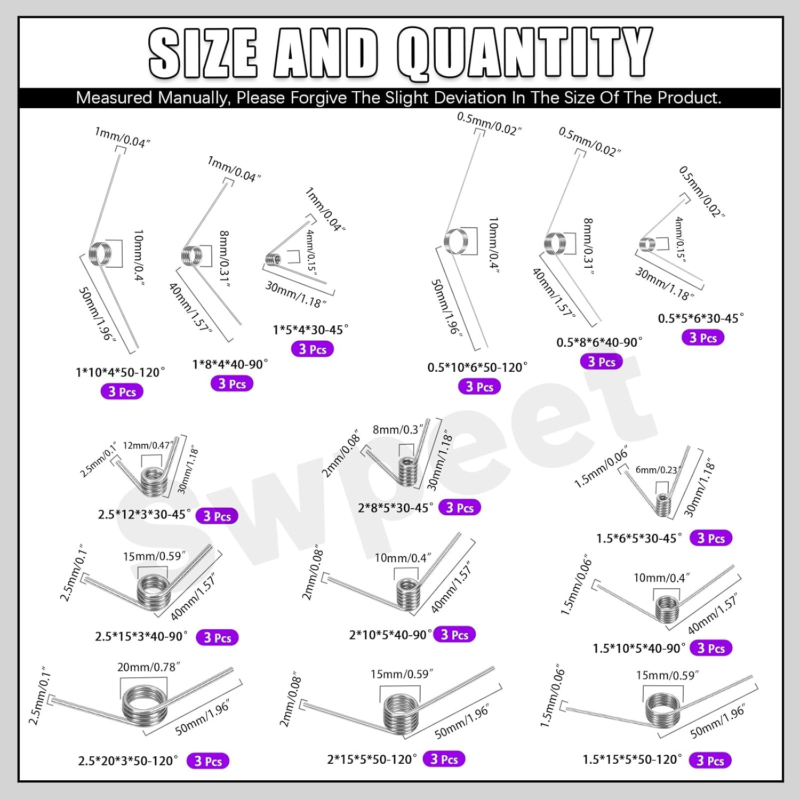 45-Piece Stainless Steel Torsion Springs Assortment Kit for DIY Projects